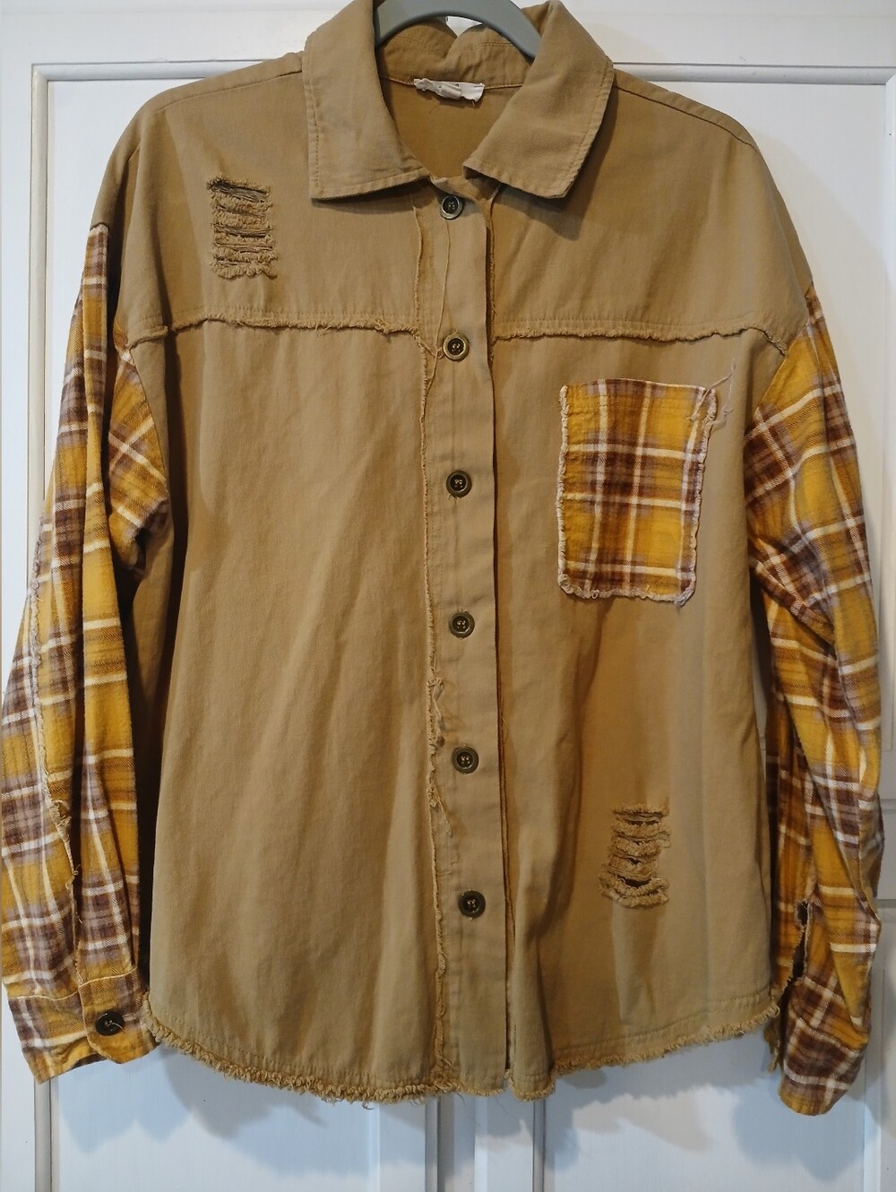 Easel brand camel-colored button-up shirt, distressed details & plaid sleeves S